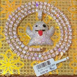 14K Gold Finished Chain&Emoji Ghost Pendant